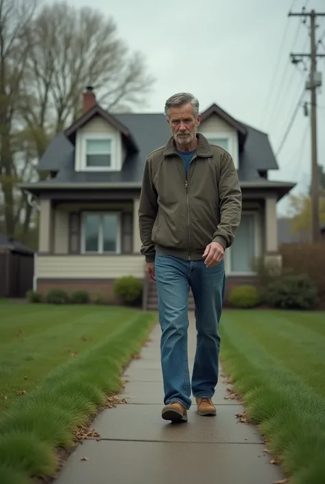 The same man walking towards his house looking at the ground
