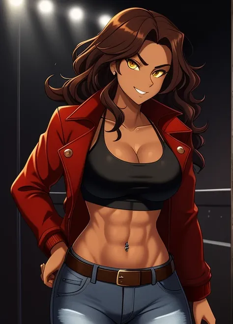 high quality, extremely detailed, perfect face, 1girl, solo, 24yo, tomboy, (shiny skin), midriff, (tan-bronze skin), (Yellow eyes), wavy brown hair, medium breasts, (Cleavage), (Wearing: opened red jacket, black tank-top,(midriff), piercings, belt, jeans),...