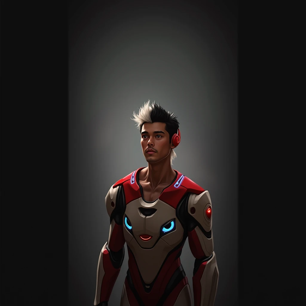 a young Malaysia man, tan skin .1 boy wearing a red and white exoskeleton armor, a robot face on his chest , malaysian mullet wolfcut hairstyle. Red ear mount . black hair mix little white hair. , detailed face and eyes, highly detailed, 8k, photorealistic...