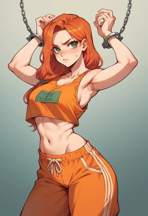 A hot anime prisoner in handcuffs and a in a cell wearing a orange crop top and orange sweatpants.... and has  Very long, wavy, ginger hair and green eyes...
