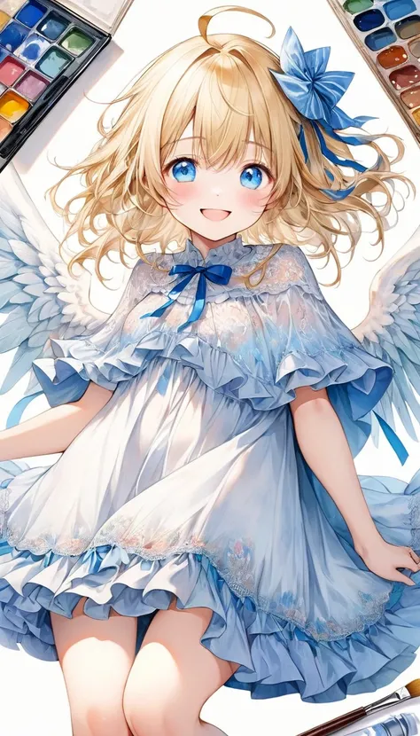 A fusion of oil and watercolor, Highest quality, Super Fine, 16K, Incredibly absurd, Very detailed, delicate and dynamic, Cute Woman, Baby Face, smile, Happy, shy, Blonde Straight Hair, Ahoge, Angel Wings, A poncho-like dress with ruffles and lace in white...