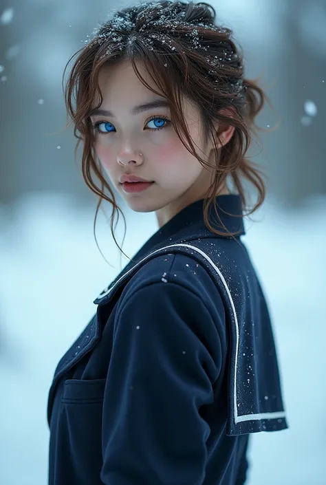 (A beautiful supermodel, ultrahigh resolution), 1girl, standing,short school uniform wet,short black pleated skirt, ((light brown, light brown hair:0.7), long hair cut, pale skin, ((blue eyes)), glowing_eyes, neon eyes, (ultra detailed eyes, beautiful and ...