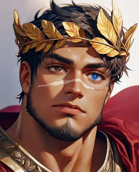 1 young man, muscular, with a scar on his face, brown left eye, blue right eye, heterochromia, trapezoidal head, Aquiline nose, sunken chin, with short beard, short hair castaño con degradación blanco en las puntas, short hair, golden laurel wreath crown, ...