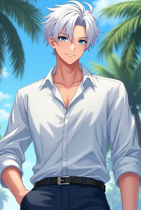 Anime of a 20 year old young man with white hair and blue eyes, Upper part of the body, casual clothes, clothing white shirt with sleeves