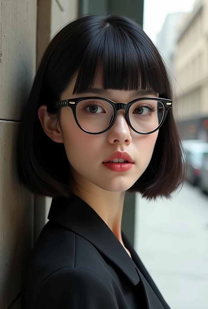 Girl with a Chanel haircut wearing glasses 