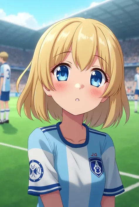 Screenshot of blue lock a  blonde haired girl ,blue eyes shy smile and a little blush at a soccer game with Rin Itoshi
