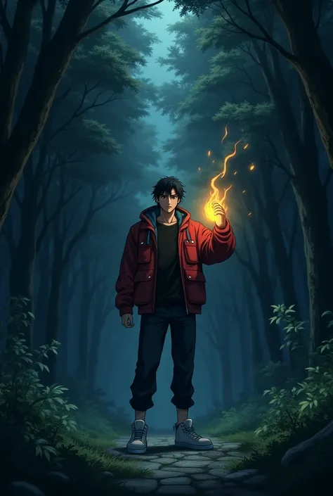 The image is anime style cowboy bebop and Darker than black with shadows and dim lights, anime style although somewhat adult and dark, It shows a single 2 man., black hair and black eyes, serious, Standing in the middle of the forest. His right arm glows c...