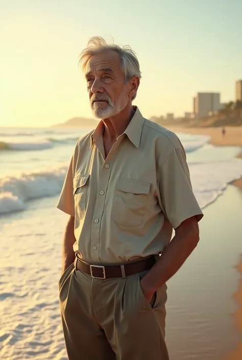 generate 60 year old man, medium gray hair, thin, brown eyes, white complexion, slim, medium height, casually dressed, full body on the beach