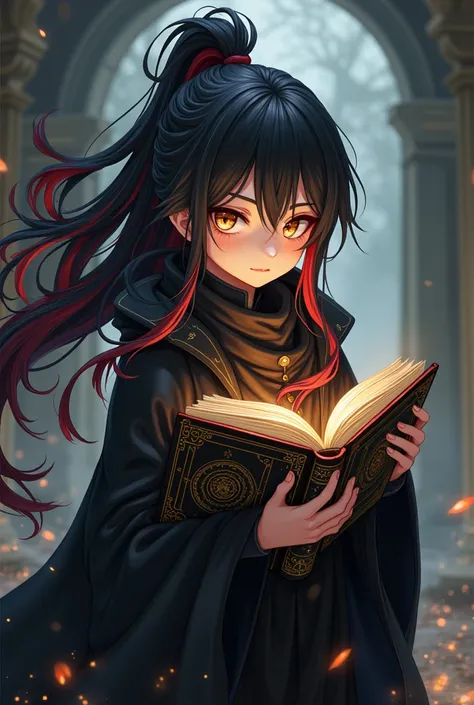 Create a male anime style child with long black hair tied in a voluminous ponytail with several red streaks and yellow eyes almost golden holding a book with strange symbols and writings wearing a long black coat.