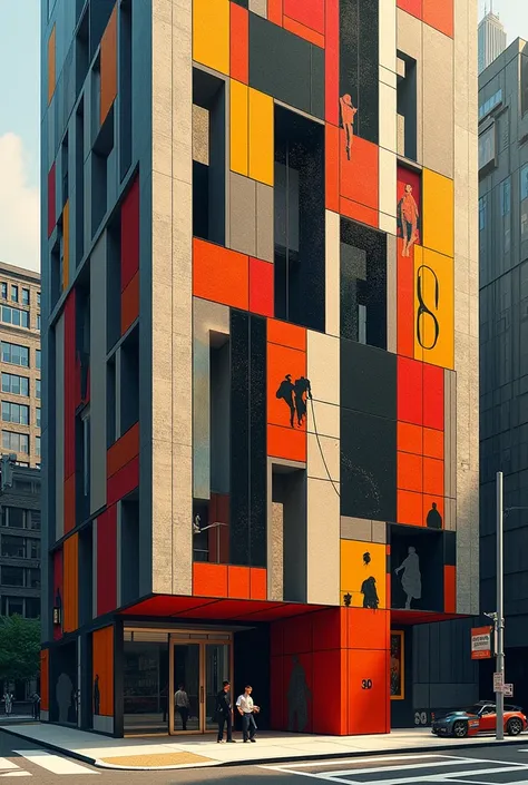 Create an image of the facade of the Seagram Building with colors and figures that represent Cubist art.

