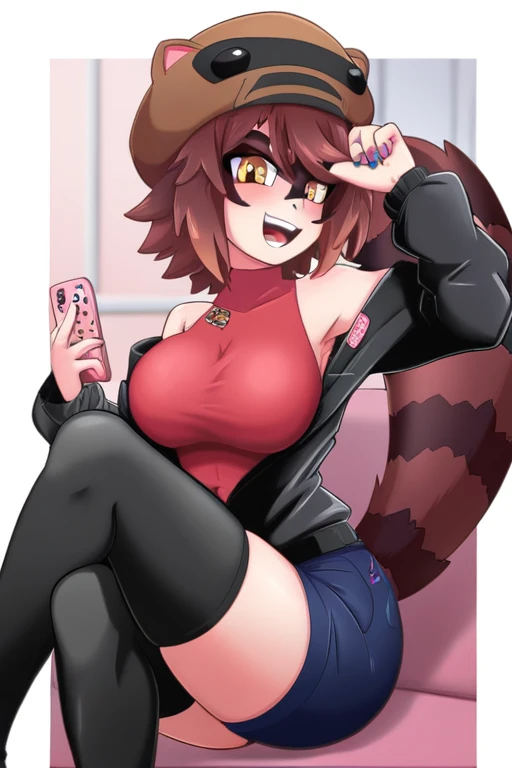 create an image of rakkun, the peruvian vtuber, inspired by a raccoon. it shows rakkun with a happy and playful expression, high...