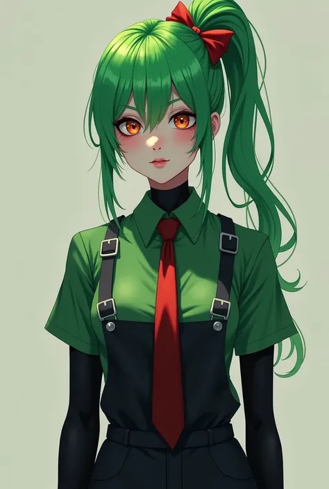 Create a female character with green hair Her hair is tied back in a ponytail A red bow A green shirt Leather overalls And a red tie Her skin is white but her face is completely black You can&#39;t see the facial features Just the eyebrows and nose And her...