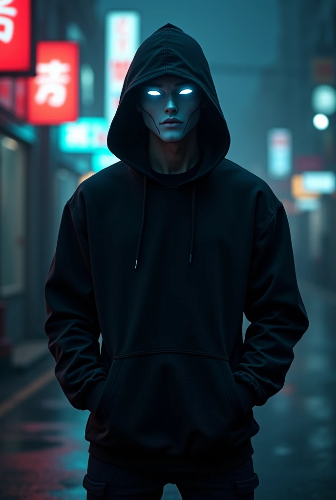 man, in black hoodie, neon eyes, white mask, hands in pockets, anime