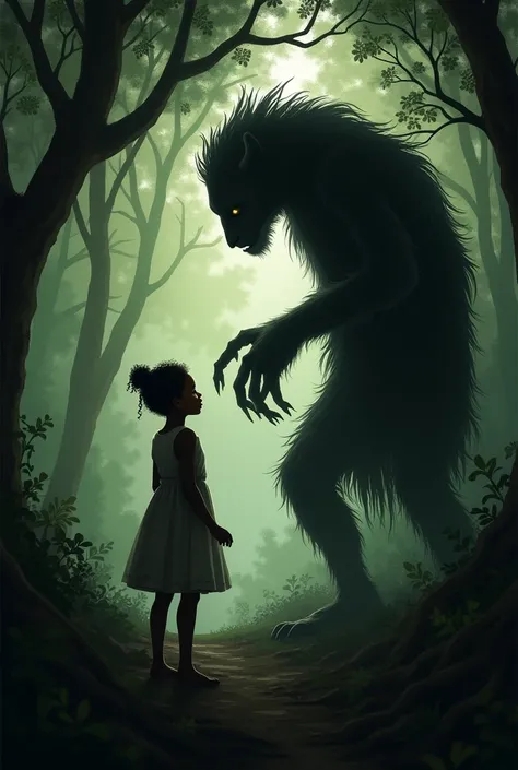 Creat an image of a Nigerian beast trying to touch A 10yeasr old Nigerian girl A dark, shadowy figure with long, bony fingers reaching out from the trees towards Olanna.