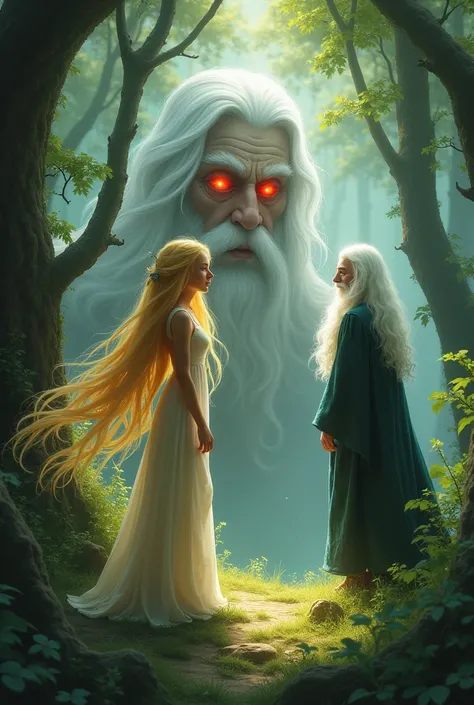 Fairy waist-length blonde hair. White haired wizard in the forest and strange red eyes looks at them from the trees
