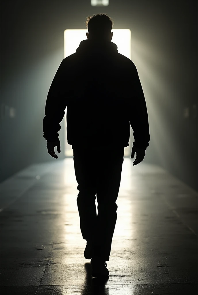 Silhouette of a football coach in jackets and pants walking towards the light 