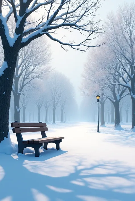 a serene winter landscape in tokyo park, bare trees covered in snow, an empty bench under the soft light, highly detailed 8k hyperrealistic photography, art station quality, makoto shinkai style, deep focus bokeh, ray tracing