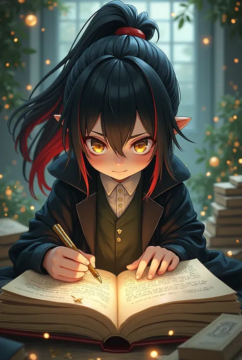 Create a male anime style child with long black hair tied in a voluminous ponytail with several red streaks and yellow almost golden eyes writing in a book with strange symbols and writings wearing a long black coat.