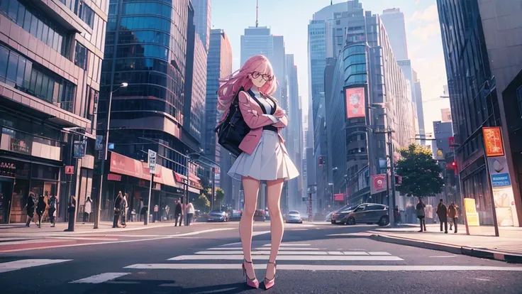 Masterpiece, ultra high quality anime style illustration, 8K, morning business district, in front of a building, (((many passersby))), very beautiful 2 ((female office worker)), ((very beautiful girl)) (((standing with arms crossed))), (((standing in the c...