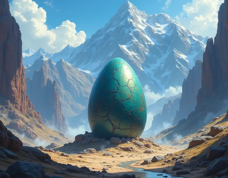 A dragon egg on a desolate mountain in anime style