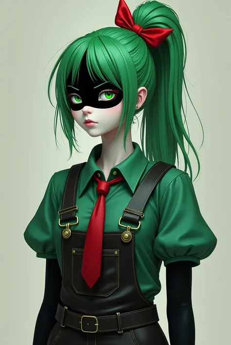 Create a female character with green hair Her hair is tied back in a ponytail A red bow A green shirt Leather overalls And a red tie Her skin is white but her face is completely black You can&#39;t see the facial features Just the eyebrows and nose And her...