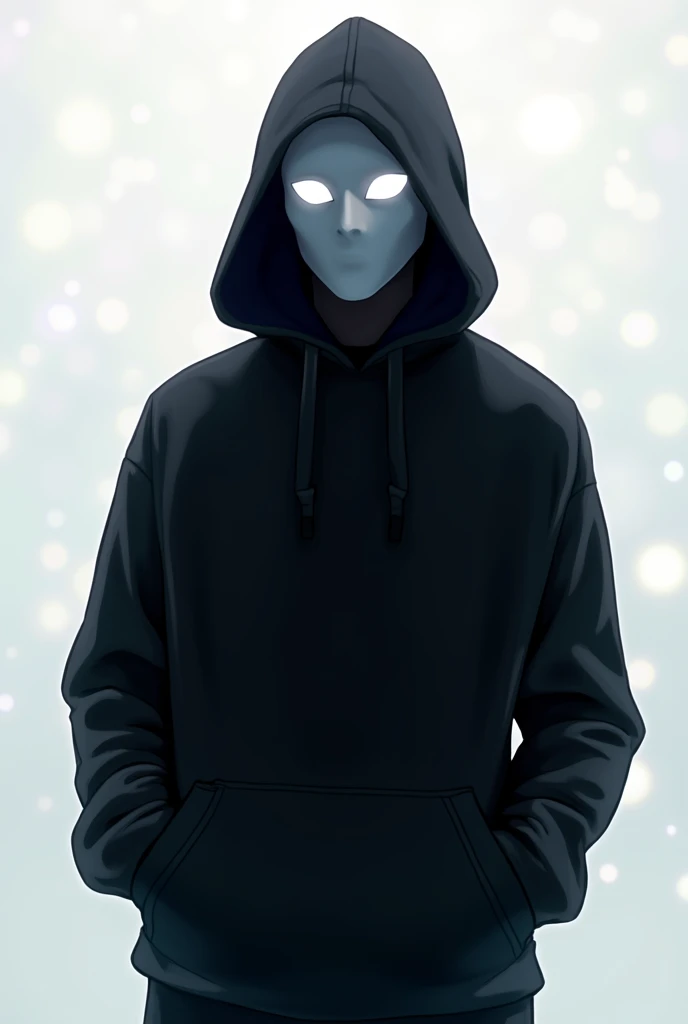 man, in black hoodie, neon eyes, white mask, hands in pockets, anime, minimalistic