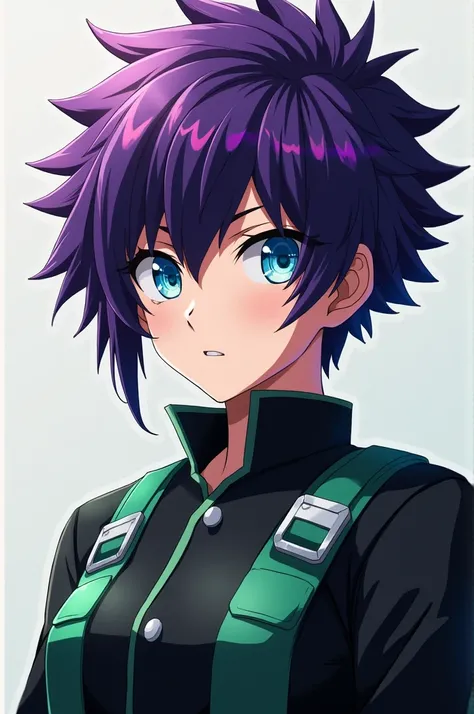 Purple hair guy with blue eyes and black and boku no hero student uniform 