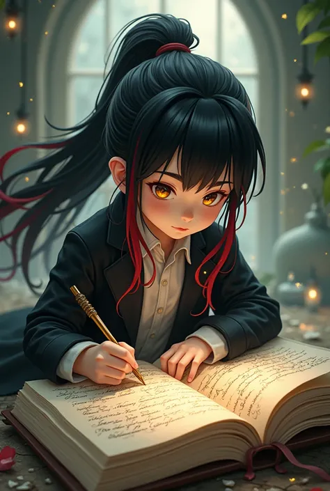 Create a male anime style child with long black hair tied in a voluminous ponytail with several red streaks and yellow almost golden eyes writing in a book with strange symbols and writings wearing a long black coat.