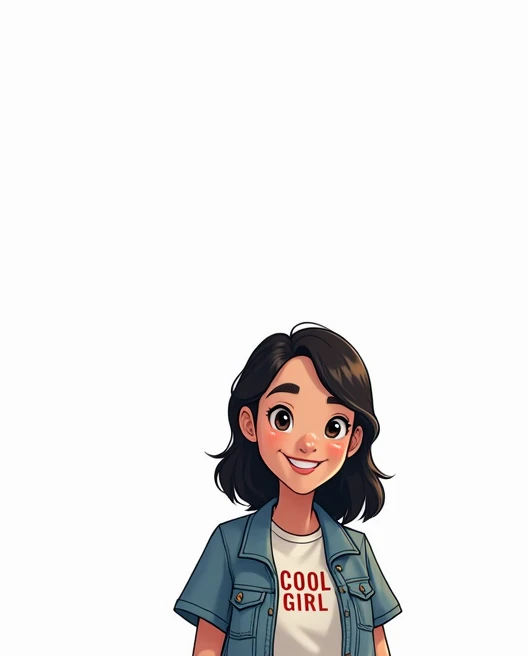 LORI-001: A medium shot of a 1 French girl named Lori in 2D style, standing confidently in a bright room, smiling at the camera, wearing blue jeans and a white t-shirt that says Cool Girl, transparent background."