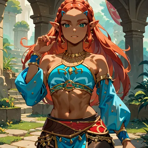 ((highest quality)), ((masterpiece)), (detailed), （perfect face）、the woman is princess zelda of the gerudo tribe, with dark skin...