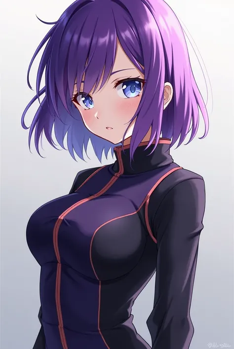 Purple hair guy with blue eyes and black and boku no hero student uniform purple