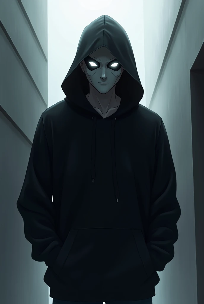 man, in black hoodie, neon eyes, white mask, hands in pockets, anime, minimalistic, porn