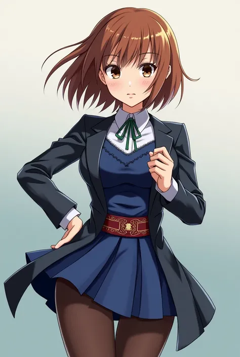 Nobara Kugisaki, bob cut, (eyes browns: 1,5), chestnut hair, lips, shorth hair, waist belt, waist belt marrom, pantyhose marrom, short top, short top com overskirt, jujutsu tech uniform, jaket, gakuran, pantyhose, overskirt plissada, shirt into pants, over...