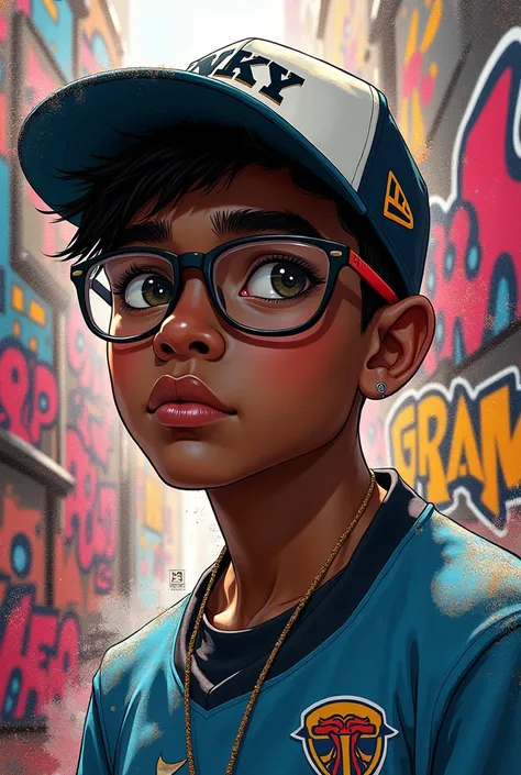 a dark-skinned teenage gamer with glasses and no facial hair wearing a cap and a football shirt in a graffiti version
