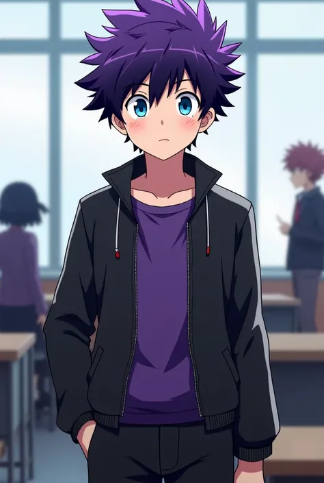 Purple hair boy with blue eyes and black and boku no hero student uniform purple