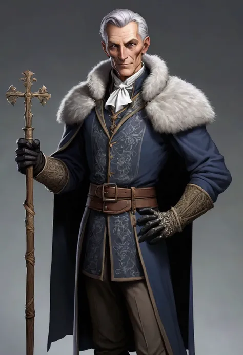 human male, fifty five years old, butler, assistant, winter clothes, dnd, medieval, tall, skeletally skin