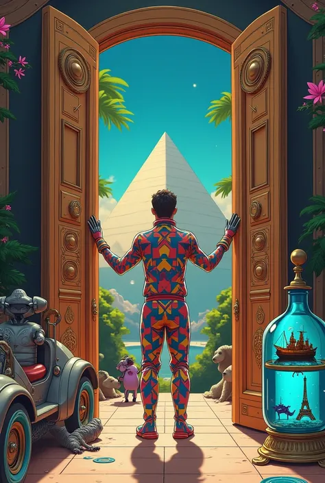 Un homme avec des vêtements futuristes pousse des deux mains des portes futuristes  avec des figures géométriques de couleurs différentes sur la porte et devant lui une pyramide avec de lherbe et des animaux ,le tout ressemblent à la peinture que jai publi...