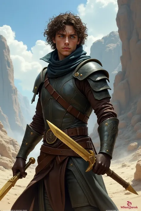 D character&D rogue, 2, human, blue eyes, you are clear, by the wide, with curly hair, leather armor, with golden dagger