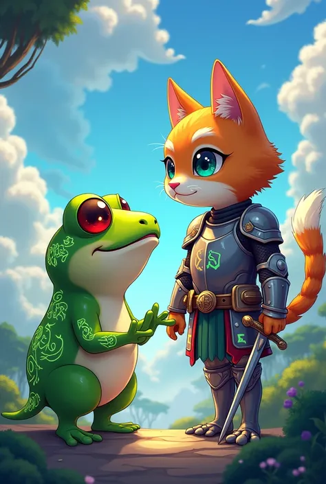 A magic frog with a knight cat in anime style 