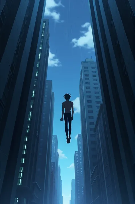 Man floating between buildings at night anime style