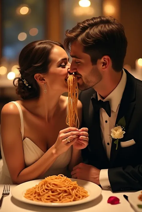 The bride and groom eat spaghetti 