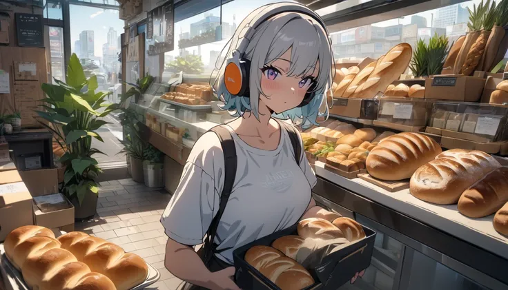 (masterpiece, Highest quality:1.4), 1 girl, solo, Anime Style, A woman wearing headphones is holding a tray and buying bread in a sleek, modern bakery surrounded by houseplants, A variety of creative breads on display, Tokyo, Streetscape, City, building, S...