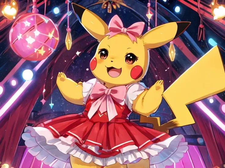 pikachu，Idol Costumes，Nice jump，Highest quality，8k、Bright smile、One tail、official、anime、She has a big pink ribbon on her head、On the idle stage