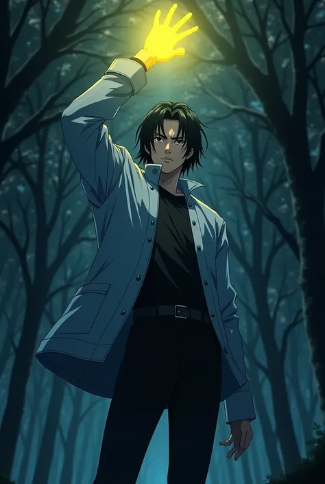 The image is anime style cowboy bebop and Darker than black with shadows and dim lights, anime style although somewhat adult and dark, It shows a single 1 man., with medium-length black hair and black eyes, serious, Standing in the middle of the forest. Hi...