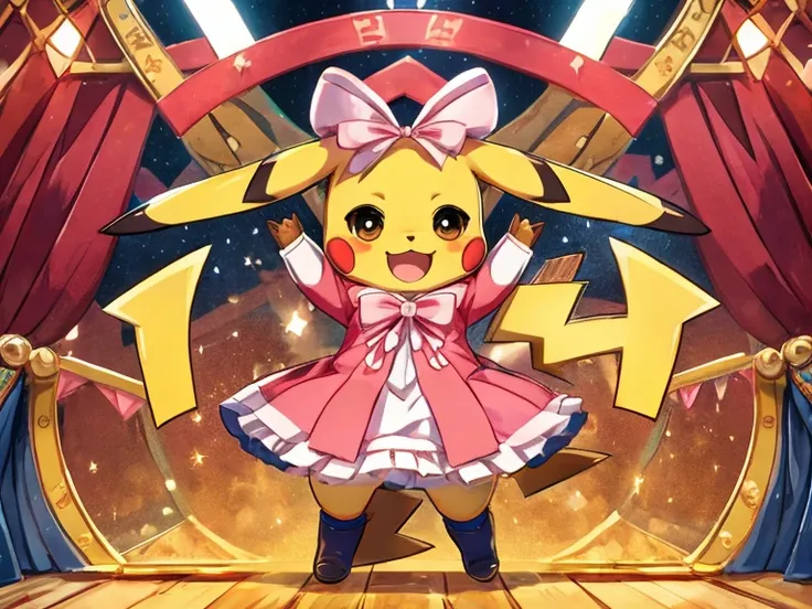 pikachu，Idol Costumes，Nice jump，Highest quality，8k、Bright smile、One tail、official、anime、She has a big pink ribbon on her head、On the idle stage、Small proportions