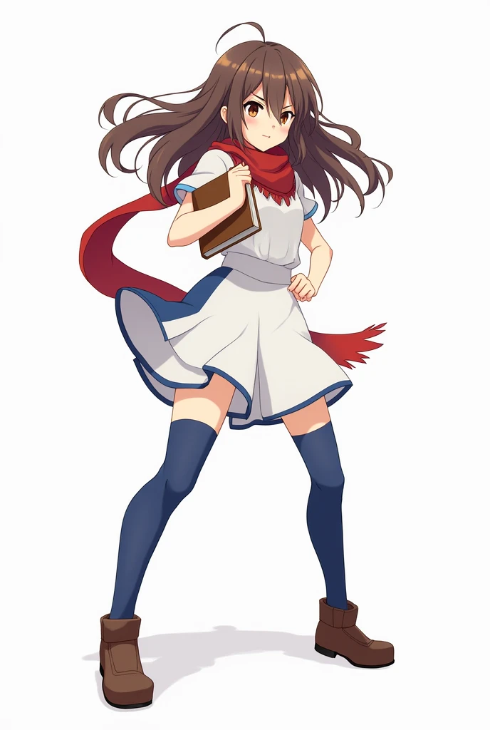 Make a young girl with long brown hair, White shirt, neck, red scarf around the neck, short white skirt with blue, blue stockings up to above the knees, brown shoes with a book in hand in attack position.