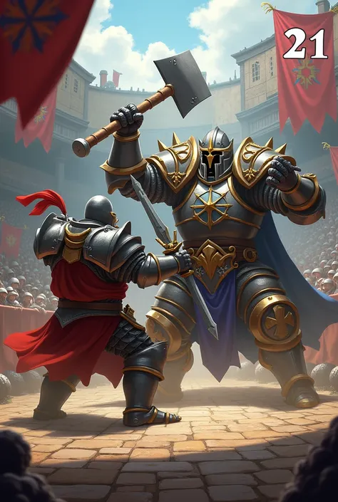 An image where a pekka and a mega knight are fighting in a medieval arena and in the upper right corner a 21 is written~ 