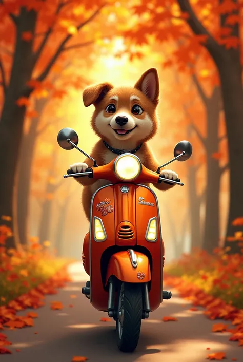 Driving a Vespa bike with autumn leaves pattern　Samued Dog Driving　Driving through a tunnel of autumn leaves