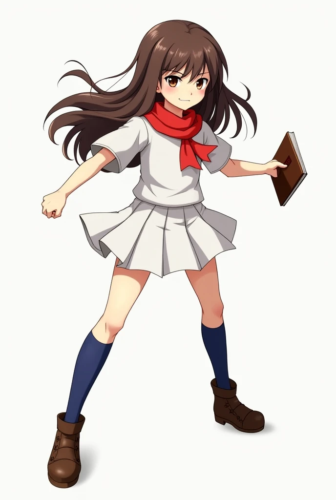 Make a young girl with long brown hair, White shirt, neck, red scarf around the neck, short white skirt with blue, blue stockings up to above the knees, brown shoes with a book in hand in a realistic style attack position. 