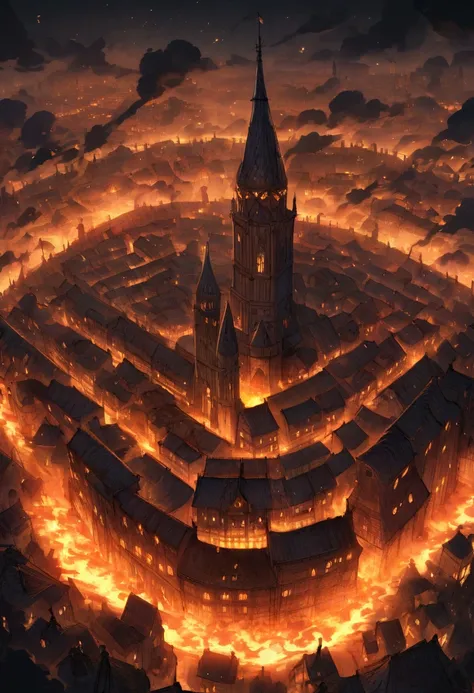 Medieval style city burning at night seen from above with plumes of black smoke with a sea of flames 